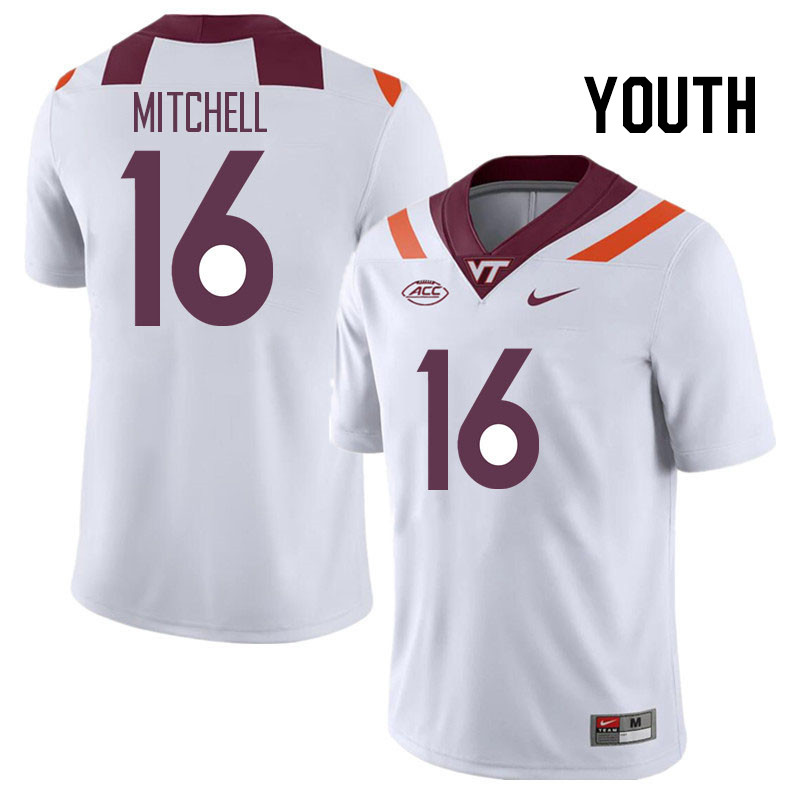 Youth #16 Tralon Mitchell Virginia Tech Hokies College Football Jerseys Stitched Sale-White - Click Image to Close